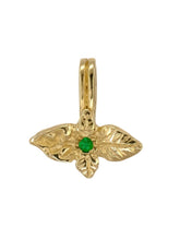 Load image into Gallery viewer, A gold pendant featuring a hand-carved basil leaf with a round natural emerald at its centre.
