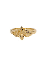 Load image into Gallery viewer, A recycled yellow gold ring with a hand-carved basil leaf at its centre, signifying good wishes and love.