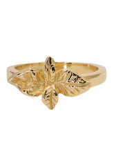 Load image into Gallery viewer, A recycled yellow gold ring with a hand-carved basil leaf at its centre, signifying good wishes and love.