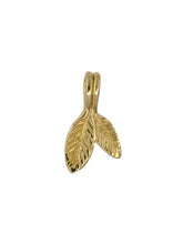 Load image into Gallery viewer, A gold-colored pendant in the shape of two crossed sage leaves.