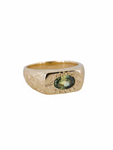 Load image into Gallery viewer, A gold ring with a natural Australian parti sapphire, featuring a hand-engraved art deco fan pattern on the face.