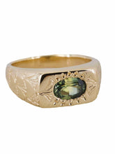 Load image into Gallery viewer, A gold ring with a natural Australian parti sapphire, featuring a hand-engraved art deco fan pattern on the face.