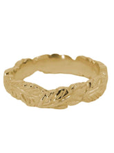 Load image into Gallery viewer, A textured gold band ring with a leaf-like pattern, shown on a plain white background.
