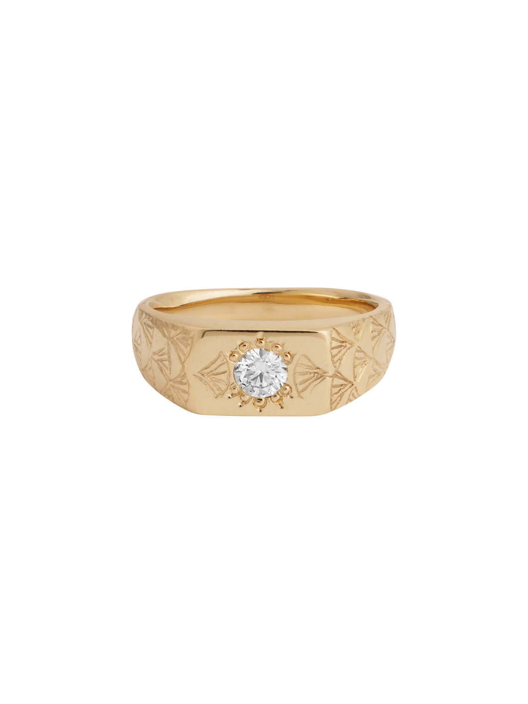A yellow gold band ring with a single central diamond, featuring hand-engraved fan motifs on the band and face.