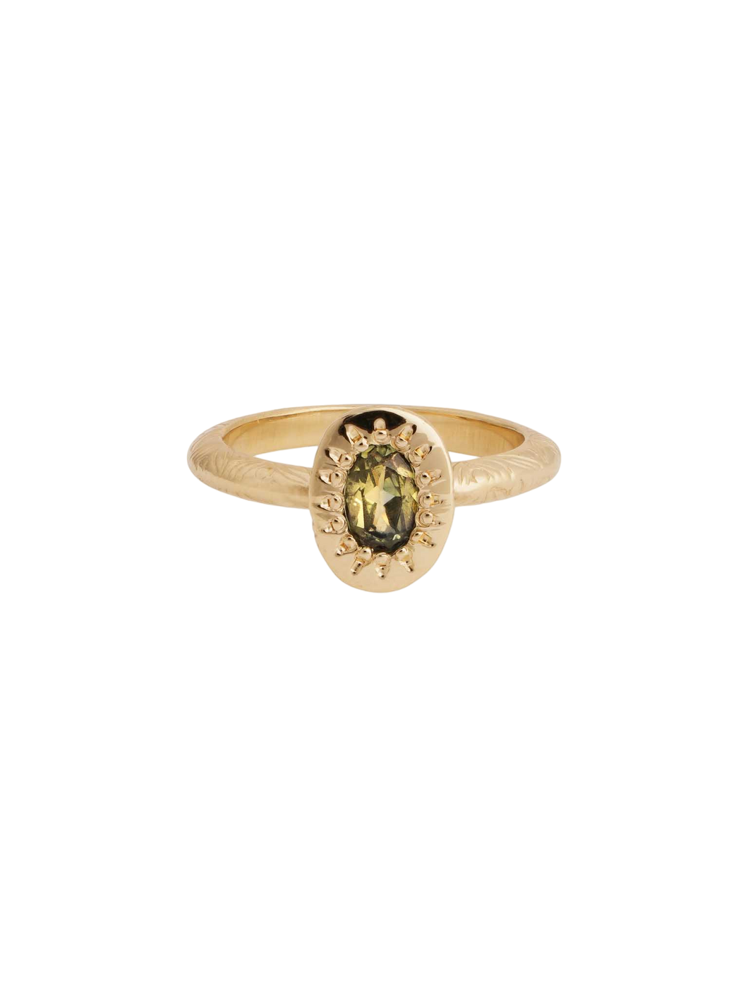 A gold band ring with a central stone, possibly a sapphire, set in a mounting with intricate details.